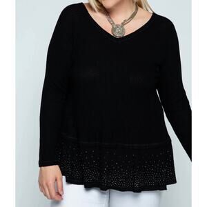 Vocal 18296L V Neck Thermal Knit Peplum with Rhinestones Blouse Top Black Sz XL